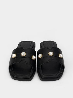 Dép nữ mũi vuông màu đen, quai ngang đính ngọc trai, da microfiber – GB5B0117