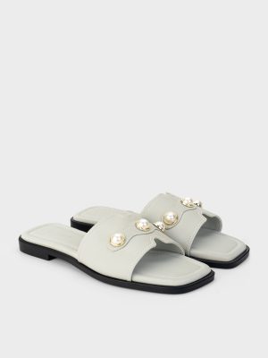 Dép nữ mũi vuông màu xanh, quai ngang đính ngọc trai, đế bệt gót thấp – DB5B0117