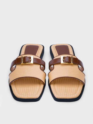 Dép nữ quai ngang mũi vuông màu vàng, phối giả cói raffia và khóa kim loại – DB5B0119