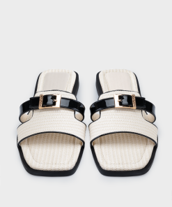 Dép nữ quai ngang mũi vuông, phối giả cói raffia & khóa kim loại – DB5B0119