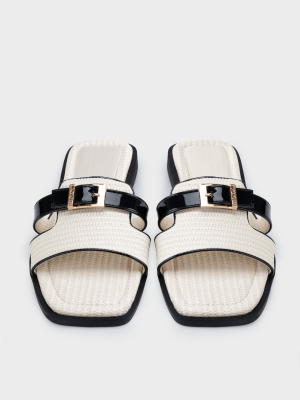 Dép nữ mũi vuông màu trắng, quai ngang giả cói raffia, đế bệt gót thấp – DB5B0119