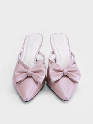 Dép nữ mũi nhọn nơ bản to màu hồng pastel, gót kitten heel – DC5B0122