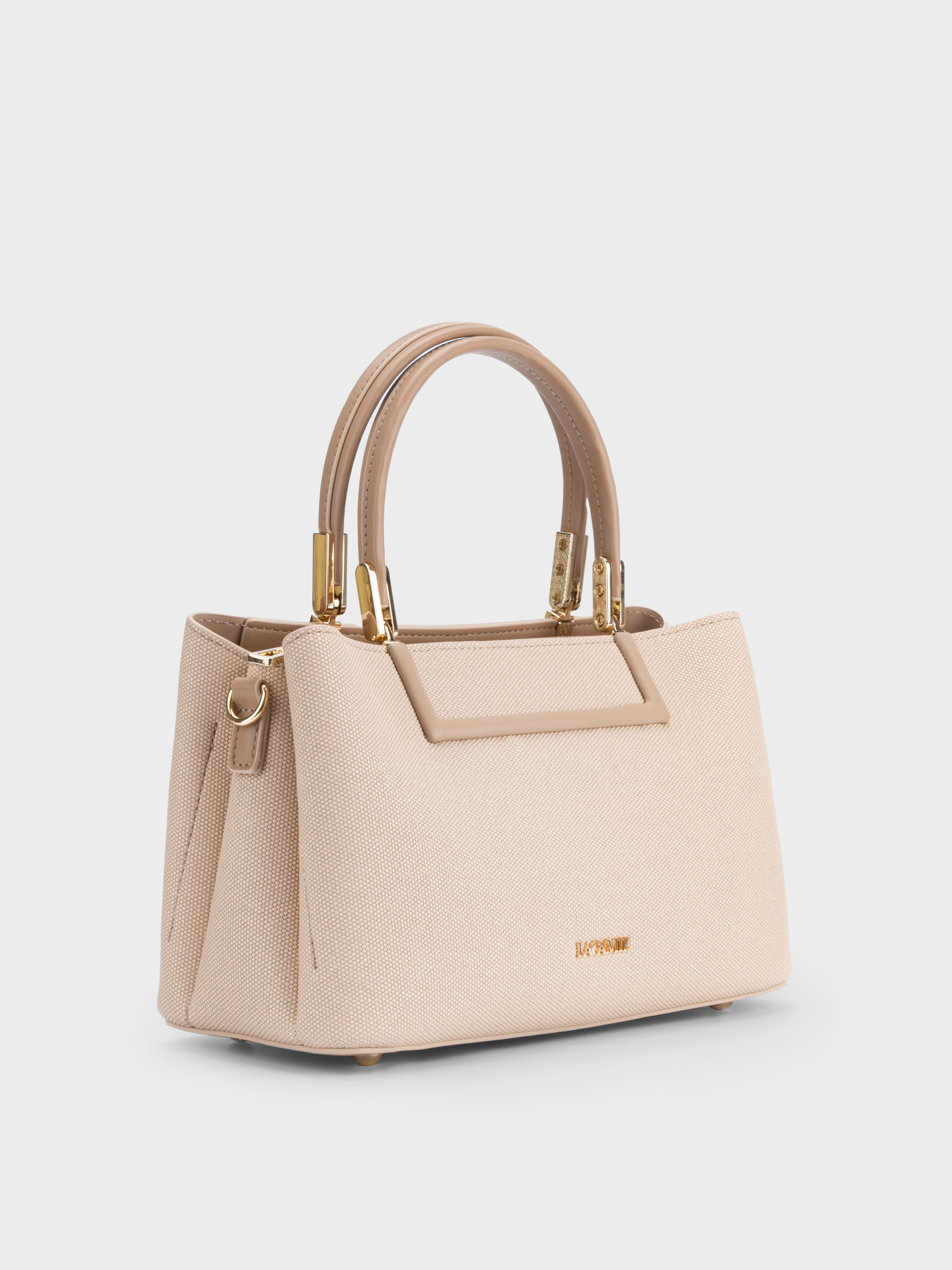 Túi xách da cao cấp vân sần màu kem, kiểu satchel đứng dáng, quai kim loại sang trọng