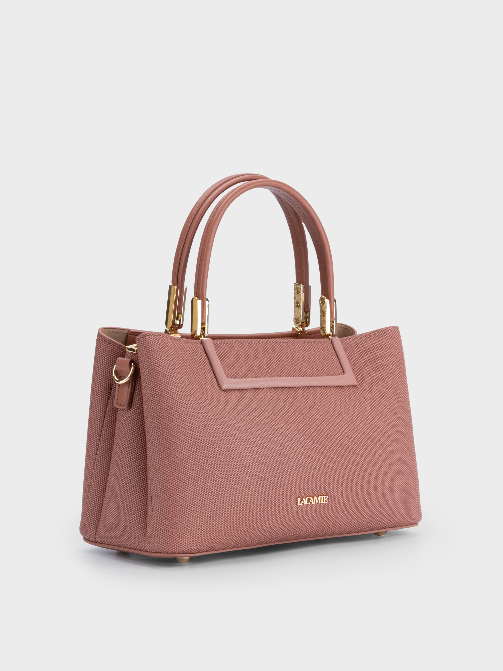 Túi xách da cao cấp vân sần màu hồng, kiểu satchel đứng dáng, quai kim loại sang trọng