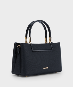 Túi xách da cao cấp vân sần màu đen, kiểu satchel đứng dáng, quai kim loại sang trọng