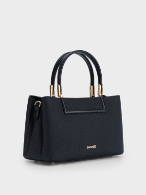 Túi xách da cao cấp vân sần màu đen, kiểu satchel đứng dáng, quai kim loại sang trọng