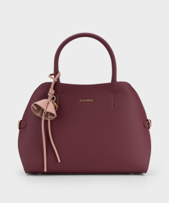 Túi xách da cao cấp, dáng vòm dome, charm hoa chuông da trơn mịn, màu đỏ mận – TX5A0803