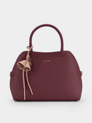 Túi xách da cao cấp, dáng vòm dome, charm hoa chuông da trơn mịn, màu đỏ mận – TX5A0803