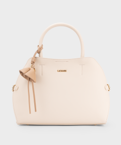 Túi xách nữ da cao cấp, màu be, dáng vòm dome, charm hoa chuông, da trơn mịn – TX5A0803