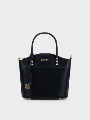 Túi xách da cao cấp trapezoid màu đen, thân vân sần, tag da đầu kim loại – TX5A0805.