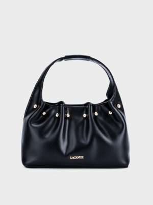 Túi xách hobo màu đen, miệng nhún ruched, đinh tán vàng – TX5A0807.