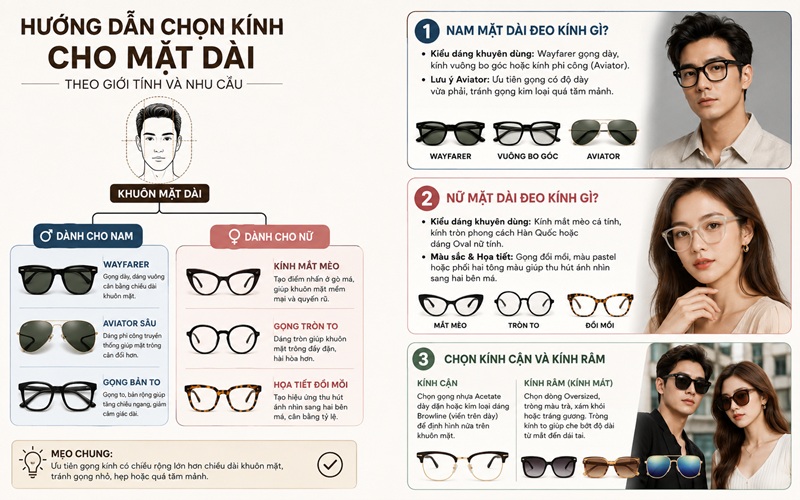 Hướng dẫn chọn kính cho mặt dài theo giới tính và nhu cầu