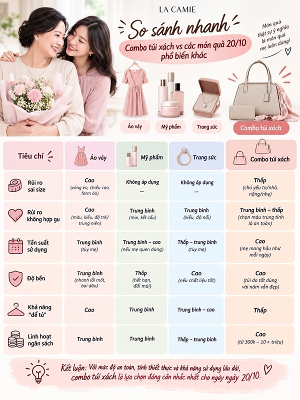 So sánh nhanh: Combo túi xách vs các món quà 20/10 phổ biến khác