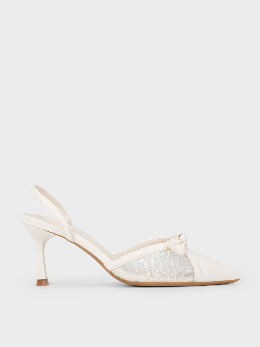 Giày Cao Gót Slingback Da Microfiber Kết Hợp Vải Ren GC6LC0401