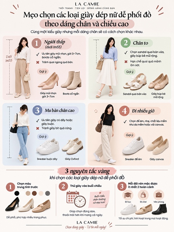 Mẹo chọn các loại giày dép nữ dễ phối đồ theo dáng chân và chiều cao
