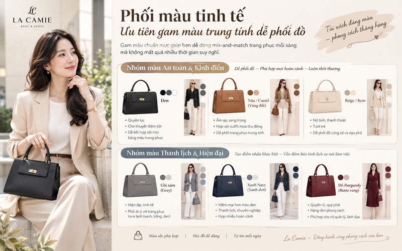 Bí quyết chọn túi xách công sở với Phối màu tinh tế – ưu tiên gam màu trung tính dễ phối đồ