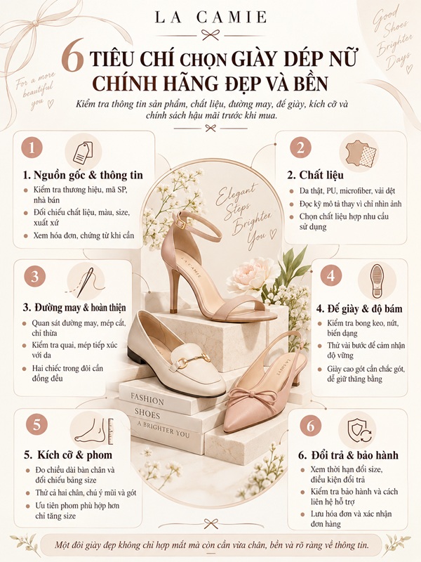 tiêu chí chọn giày dép nữ chính hãng đẹp và bền
